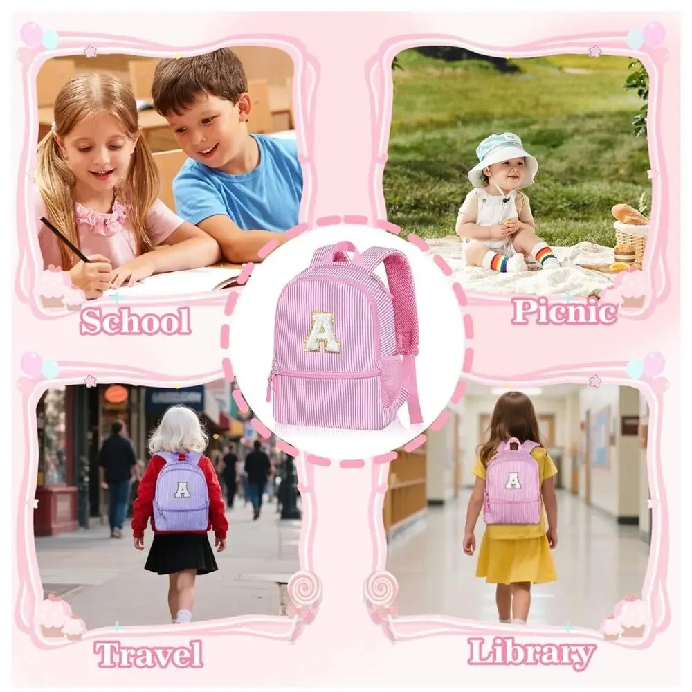 Pink Seersucker Kids Backpack with Initial Letter | Toddler Preschool Girl Bag